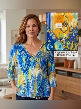 Ruby Rd. Blue and Yellow V neck bead embellished Graphic Blouse 3/4 Sleeve Sz L